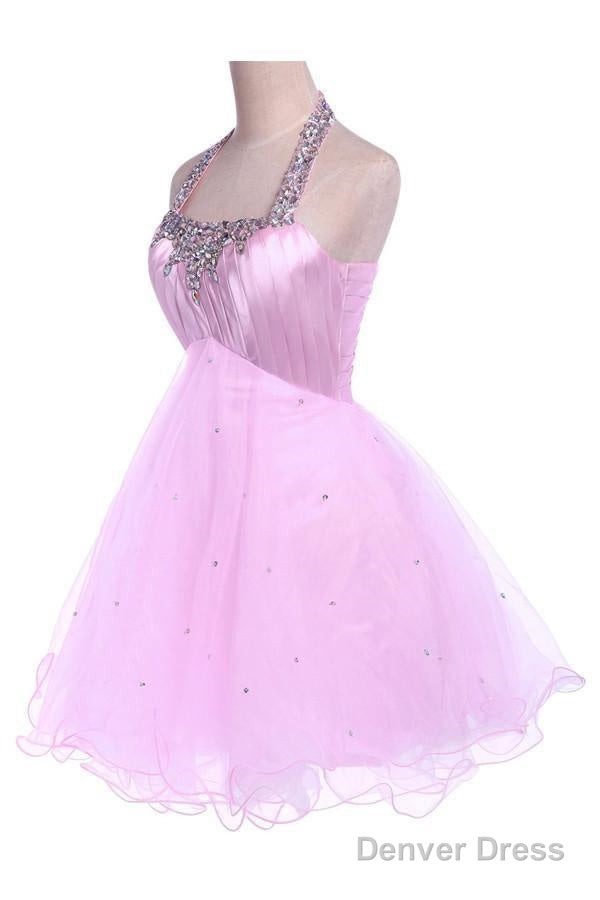 Ball Gowns Halter Knee Length Satin Tulle Homecoming Dresses With Beading