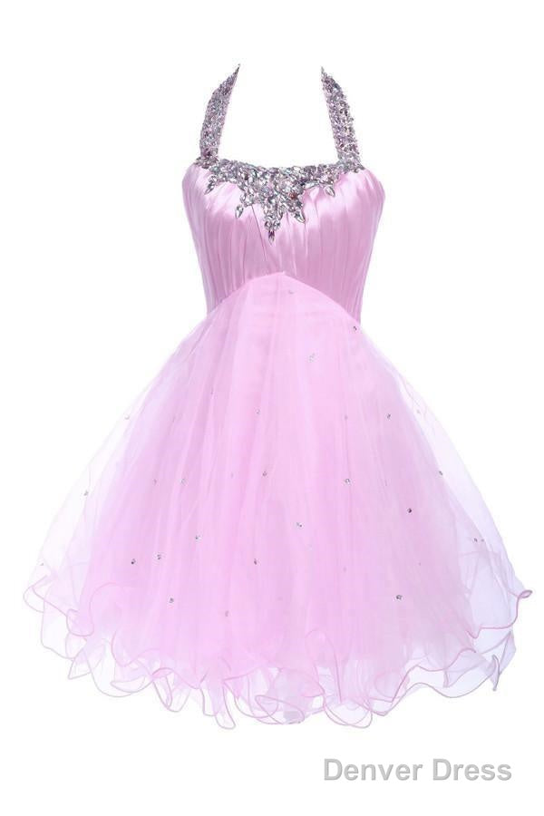 Ball Gowns Halter Knee Length Satin Tulle Homecoming Dresses With Beading Main image