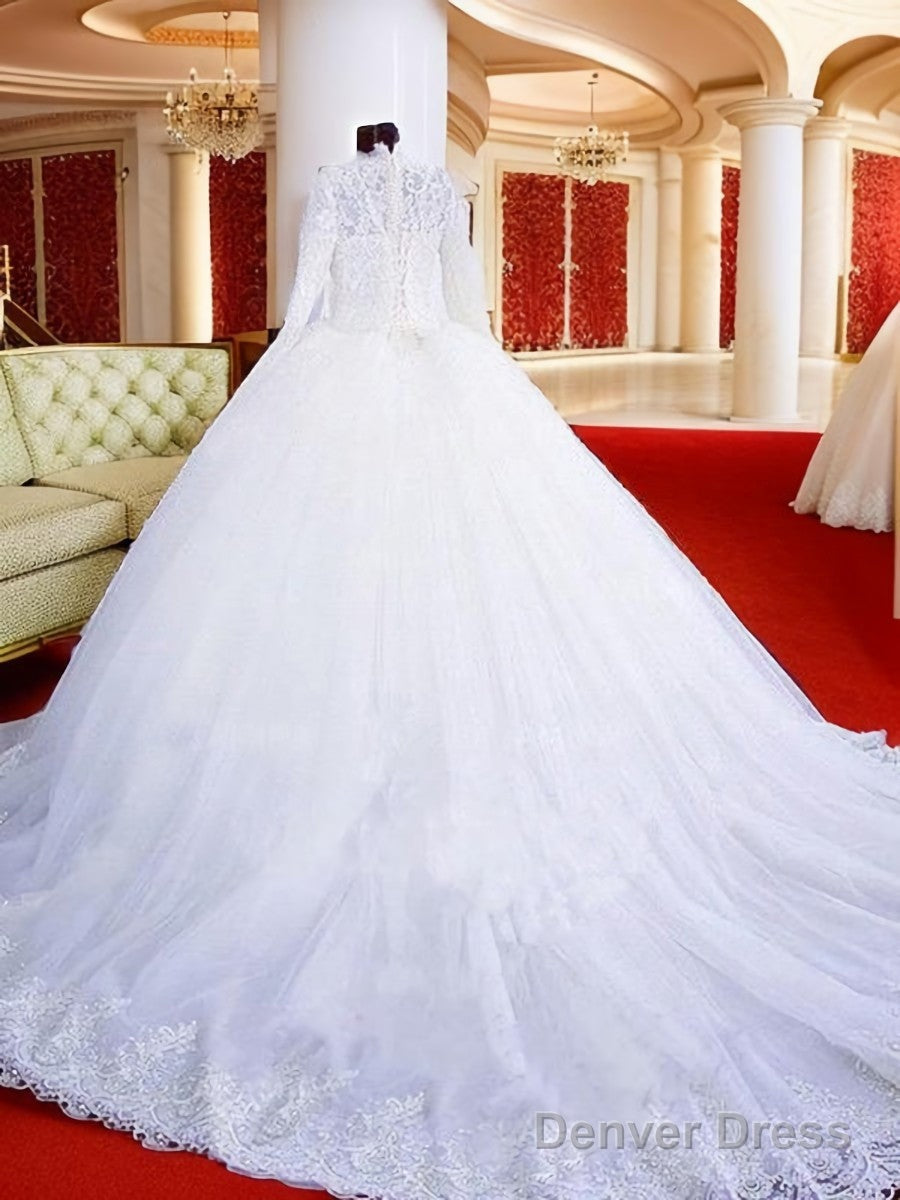 Ball-Gowns High Neck Long Sleeves Lace Chapel Train Tulle Wedding Dresses Secondary image