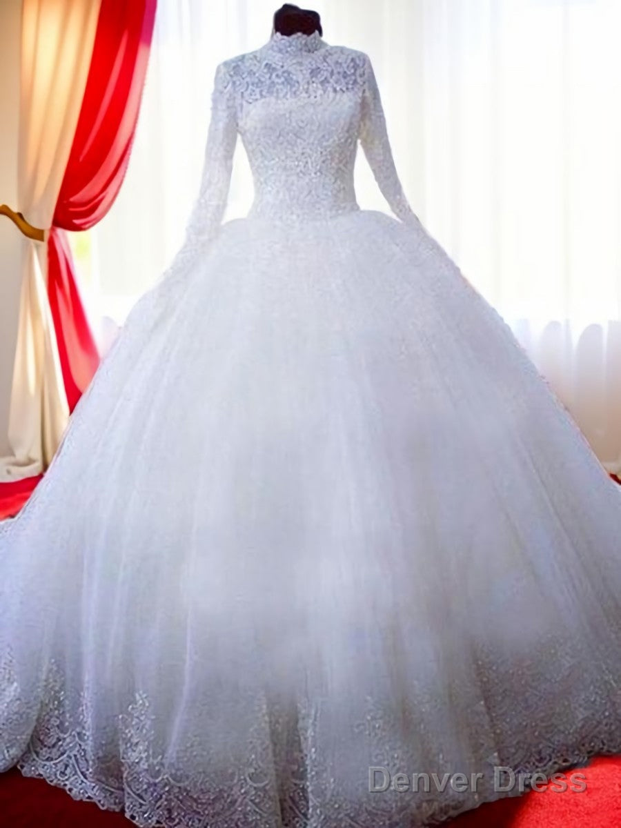 Ball-Gown High Neck Long Sleeves Lace Chapel Train Tulle Wedding Dress Main image