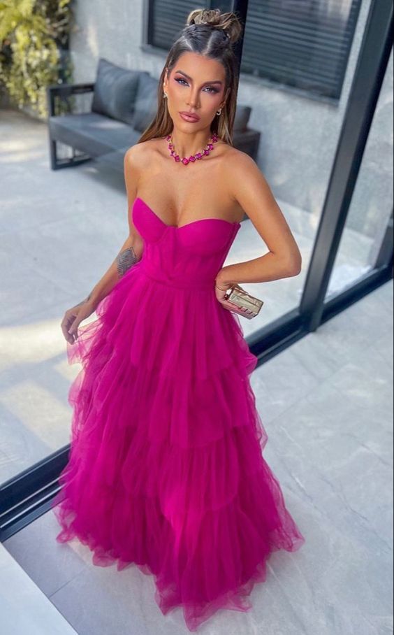 Ball Gown Hot Pink Sweetheart Tulle Party Dresses Prom Dresses Main image