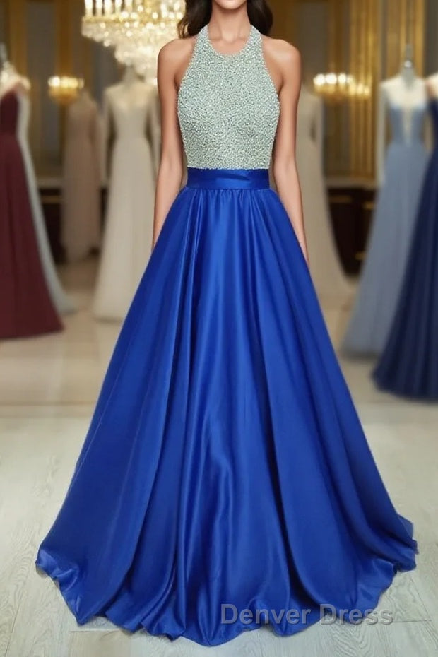 Ball Gowns Jewel Floor Length Satin Prom Dresses With Rhinestone Main image