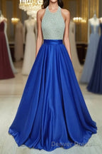 Ball Gowns Jewel Floor Length Satin Prom Dresses With Rhinestone