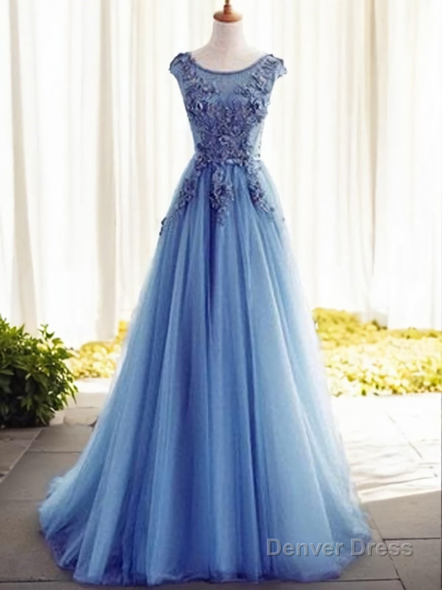 Ball Gowns Jewel Sweep Train Tulle Prom Dresses With Appliques Lace Main image