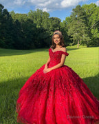 Ball Gowns Lace Off The Shoulder Red Quinceanera Dresses