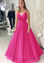 Ball Gowns Long Floor Length Sparkling Tulle Prom Dresses With Pleated