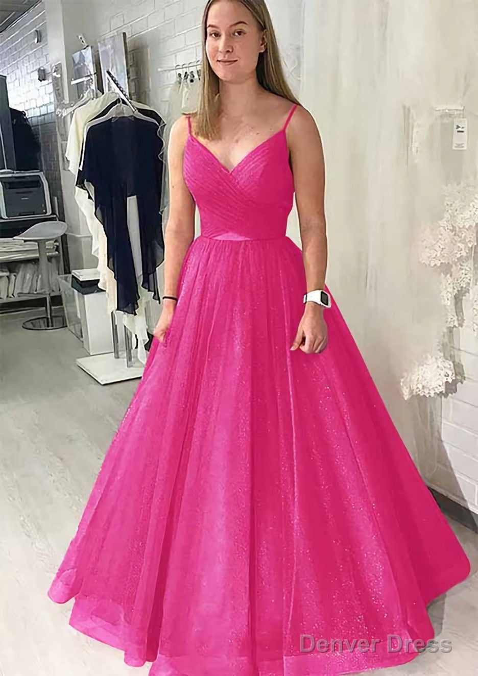 Ball Gowns Long Floor Length Sparkling Tulle Prom Dresses With Pleated