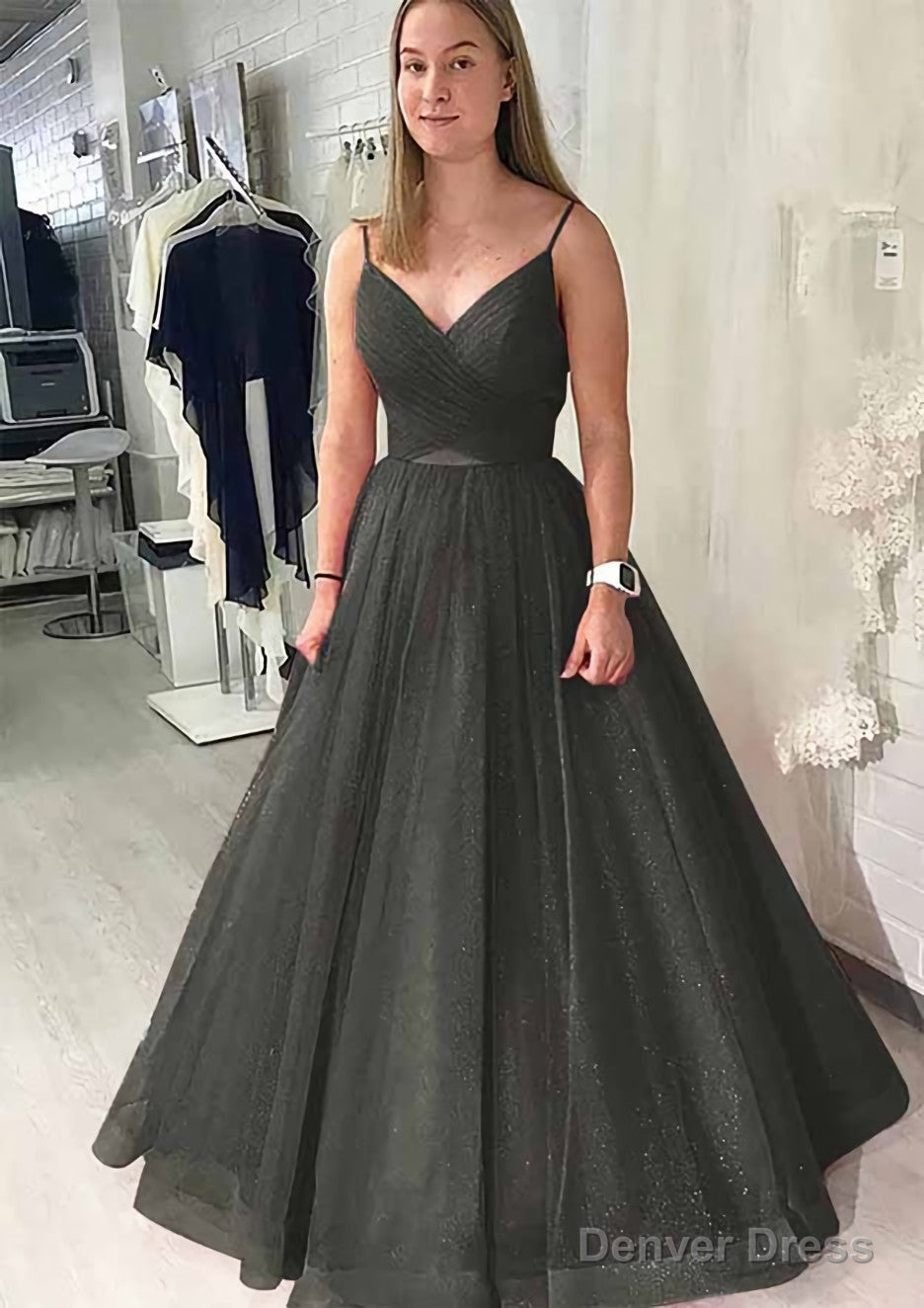 Ball Gowns Long Floor Length Sparkling Tulle Prom Dresses With Pleated