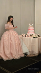 Ball Gowns Long Pink Tulle Prom Dresses
