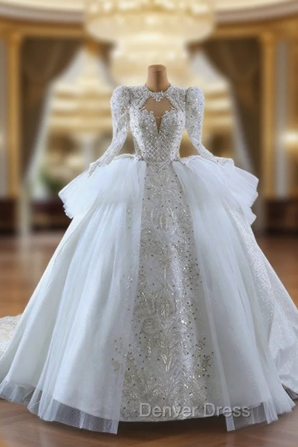 Ball Gown Long Sleeve Tulle Sequins Beading Wedding Dresses