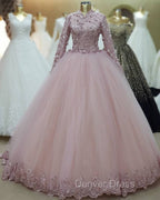 Ball Gowns Long Sleeves Pink Tulle Prom Dresses