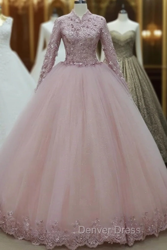 Ball Gown Long Sleeves Pink Tulle Evening Dresses Main image