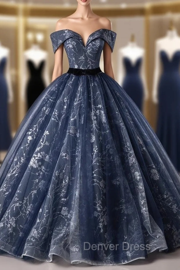 Ball Gown Navy Blue Sequins Off the Shoulder Quinceanera Dresses