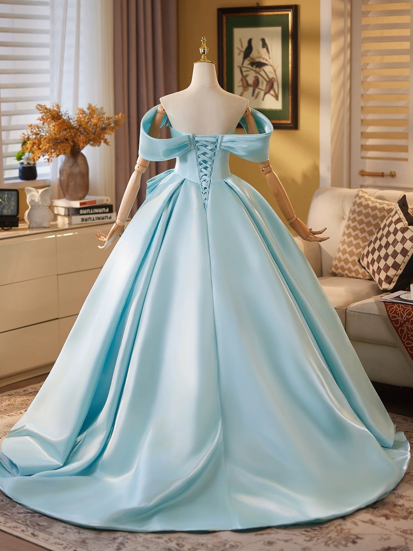 Ball Gown Off Shoulder A-Line Satin Sweep Train Blue Long Prom Dresses Secondary image