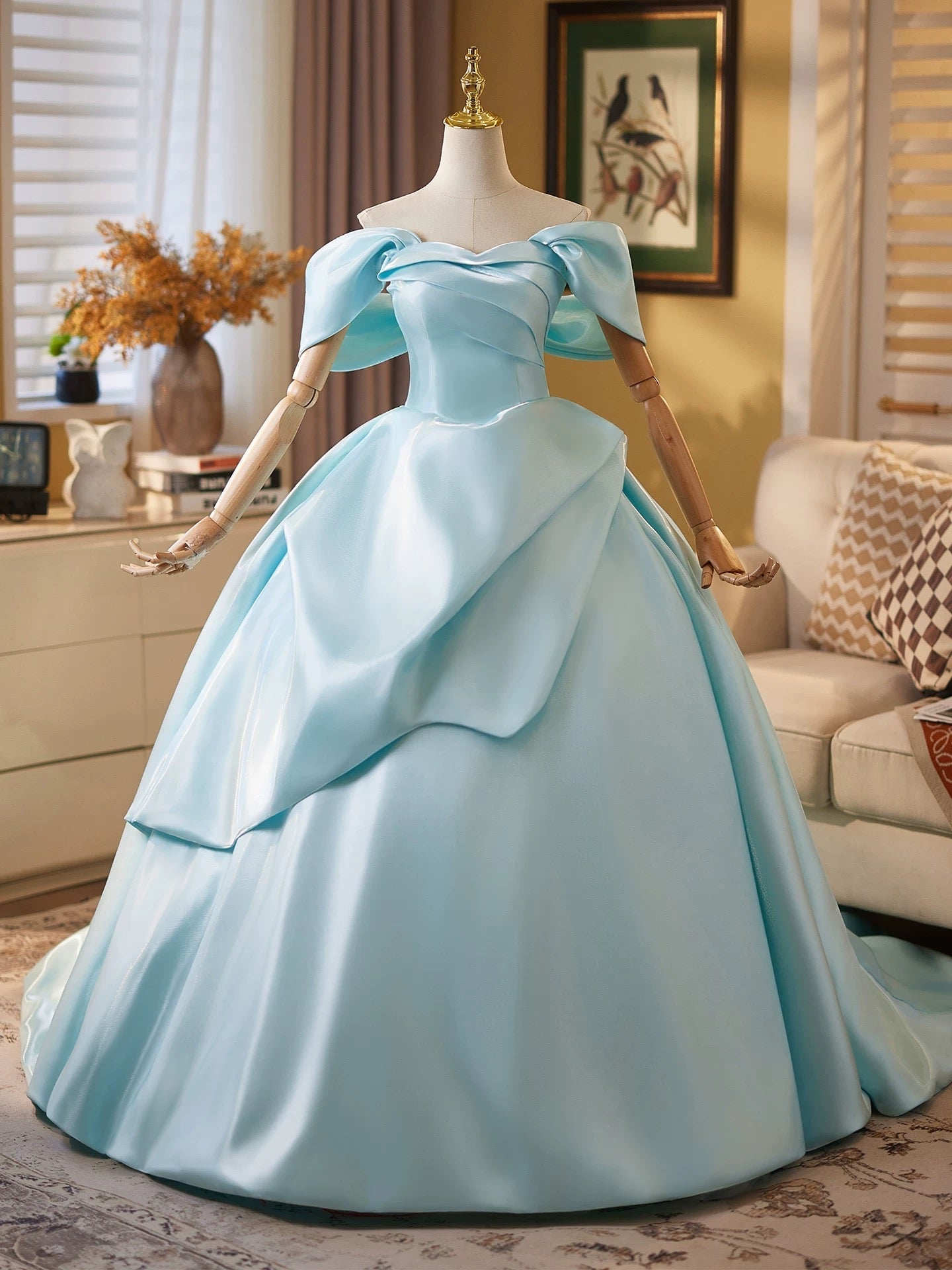 Ball Gown Off Shoulder A-Line Satin Sweep Train Blue Long Prom Dresses Main image