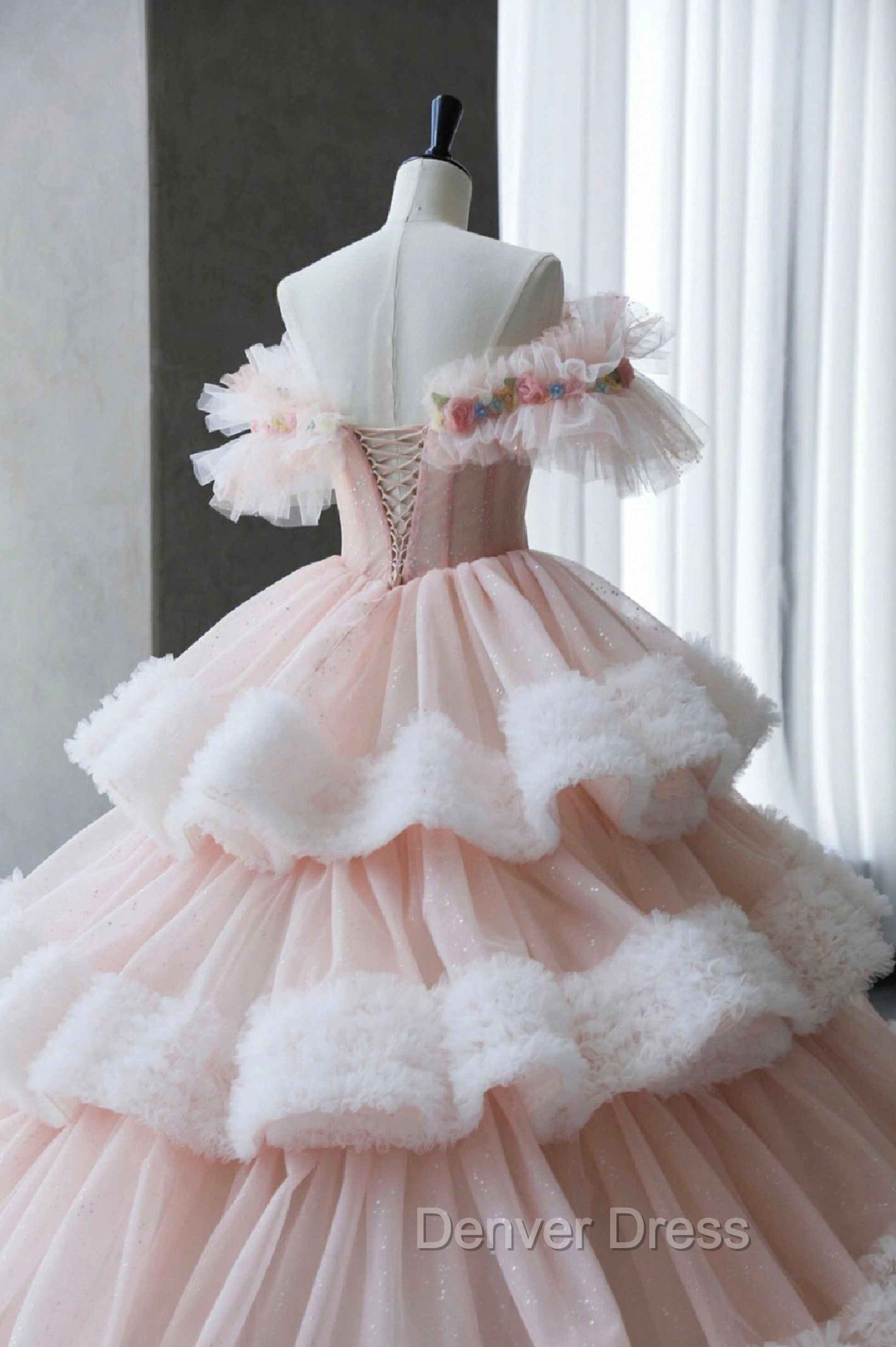 Ball Gowns Off Shoulder Pink Tulle Long Prom Dress, Sweet 16 Dresses