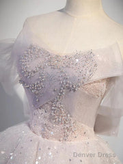 Ball Gown Off Shoulder Tulle Sequin Light Pink Long Prom Dress