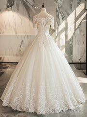 Ball-Gown Off-The-Shoulder 1/2 Sleeves Appliques Lace Floor-Length Tulle Wedding Dress