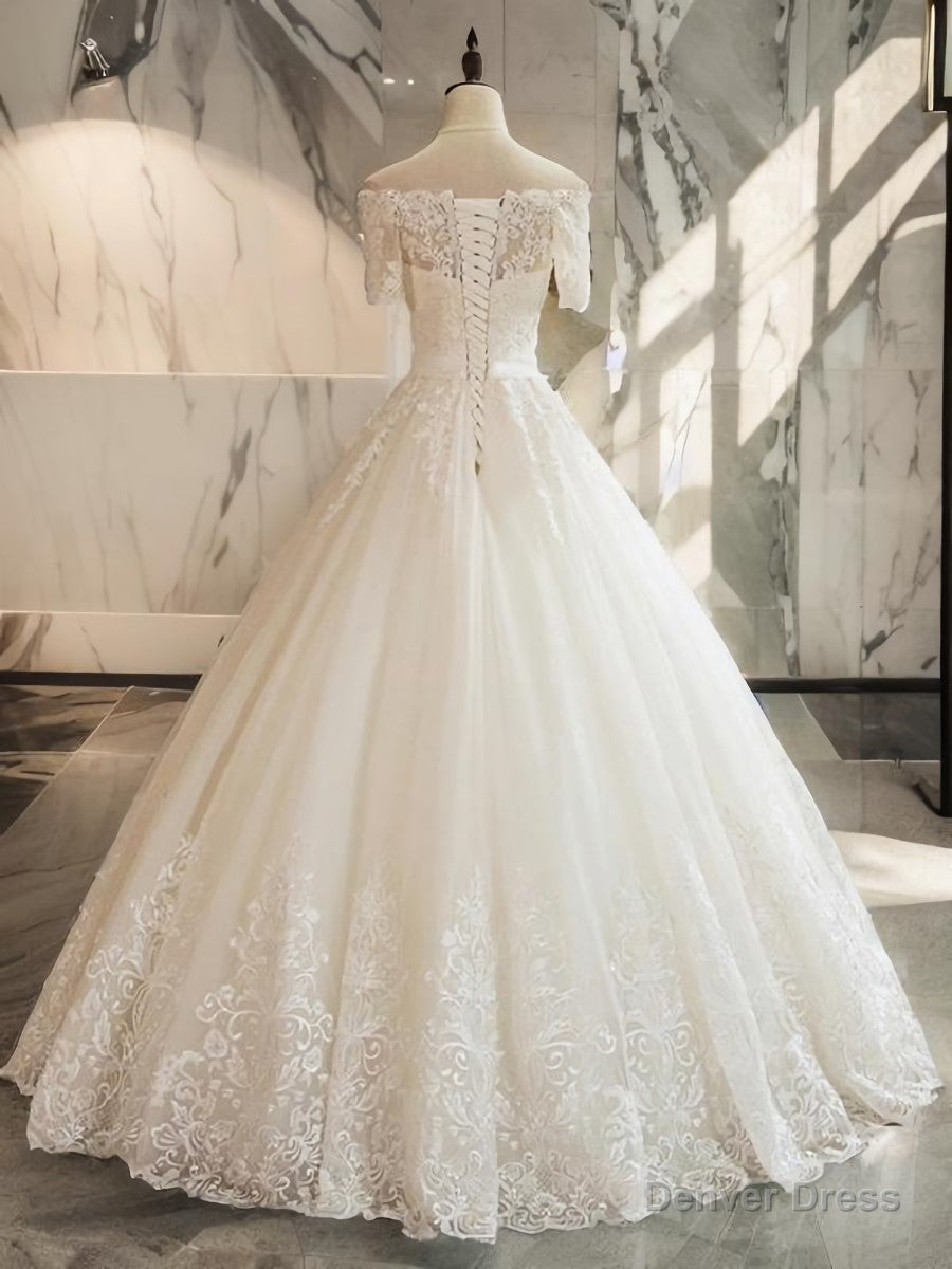 Ball Gowns Off The Shoulder 1 2 Sleeves Appliques Lace Floor Length Tulle Wedding Dresses Secondary image