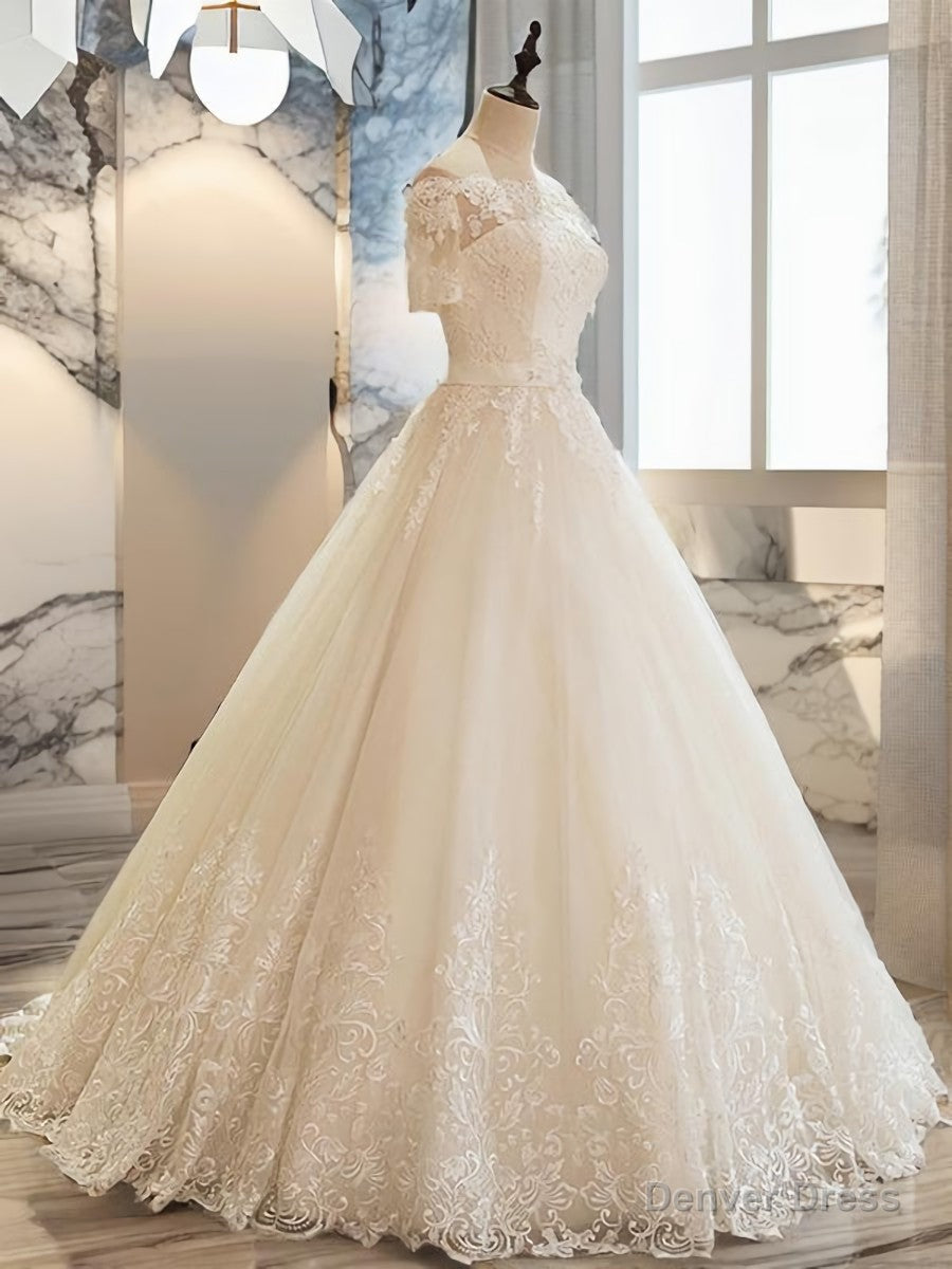 Ball Gowns Off The Shoulder 1 2 Sleeves Appliques Lace Floor Length Tulle Wedding Dresses Main image