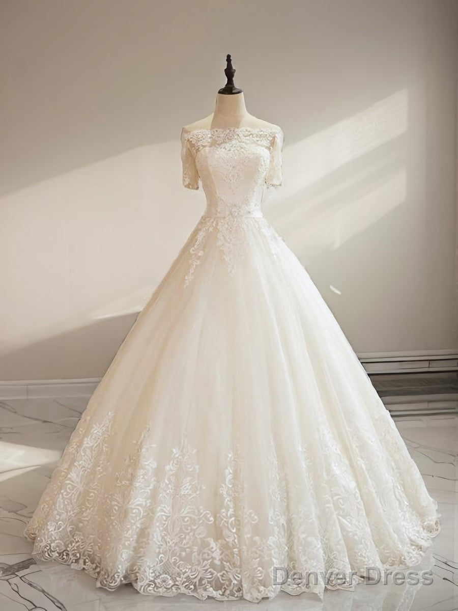 Ball-Gown Off-The-Shoulder 1/2 Sleeves Appliques Lace Floor-Length Tulle Wedding Dress Main image