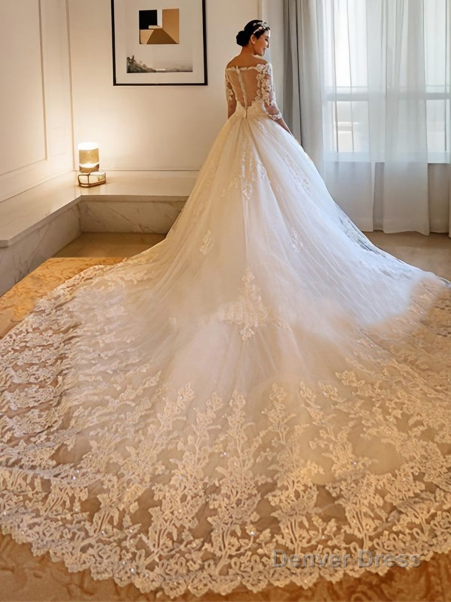 Ball Gowns Off The Shoulder Cathedral Train Tulle Wedding Dresses With Beading