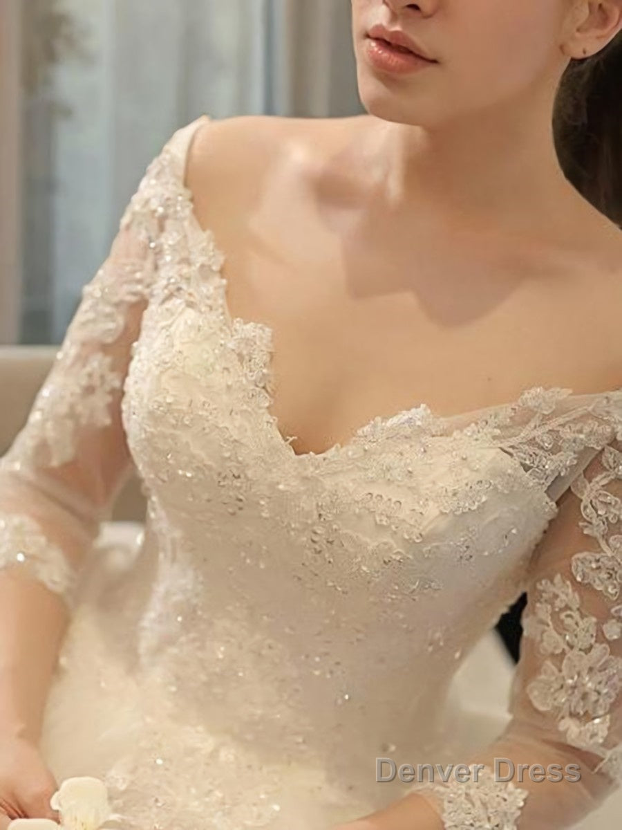 Ball Gowns Off The Shoulder Cathedral Train Tulle Wedding Dresses With Beading