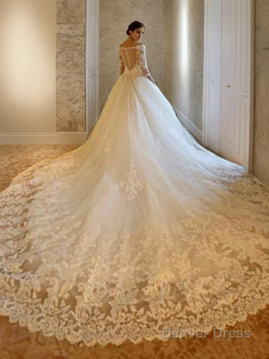 Ball Gowns Off The Shoulder Cathedral Train Tulle Wedding Dresses With Beading