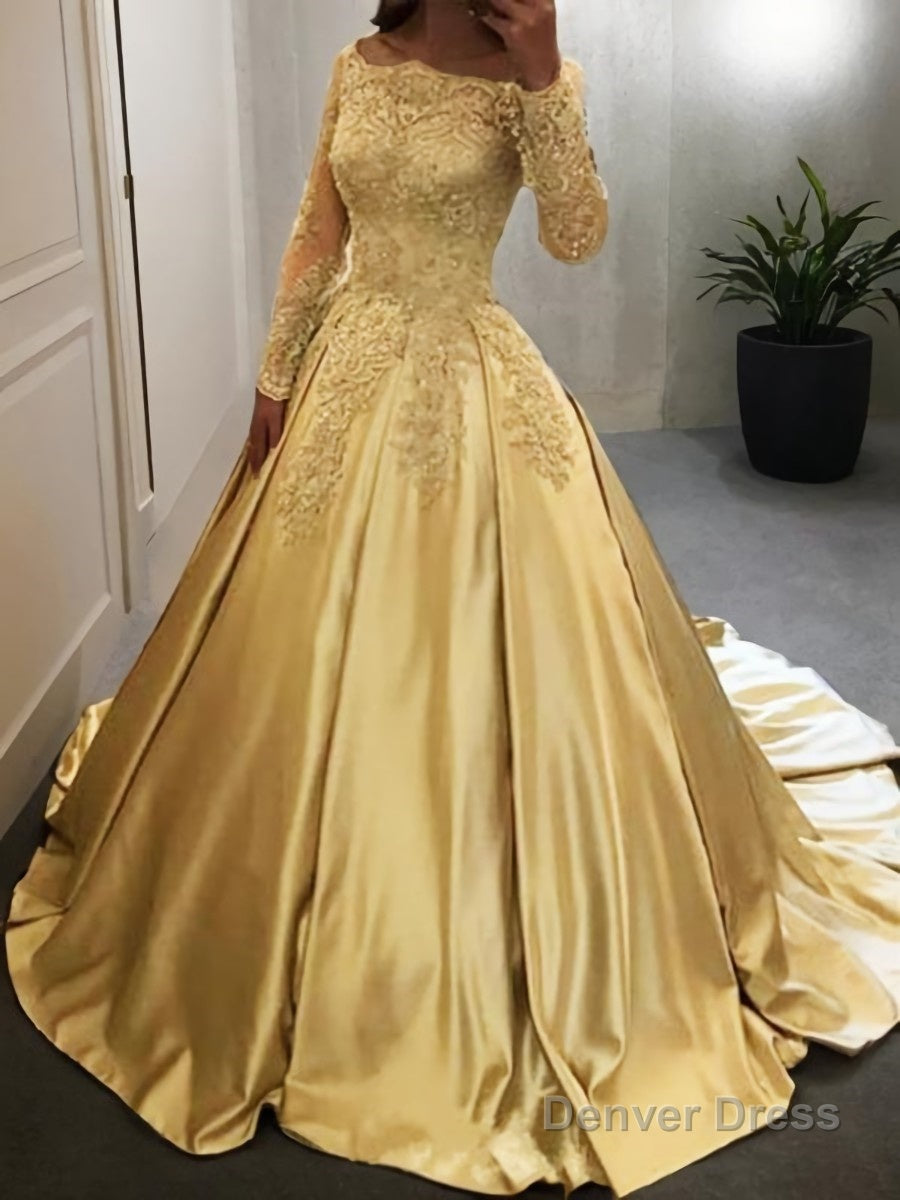 Ball Gowns Off The Shoulder Floor Length Satin Prom Dresses With Appliques Lace
