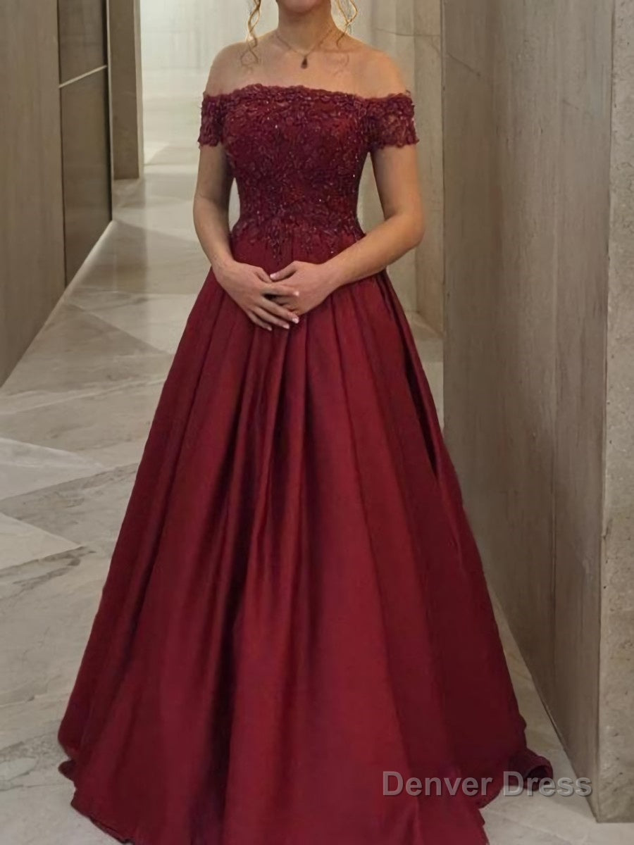 Ball Gowns Off The Shoulder Floor Length Satin Prom Dresses With Appliques Lace