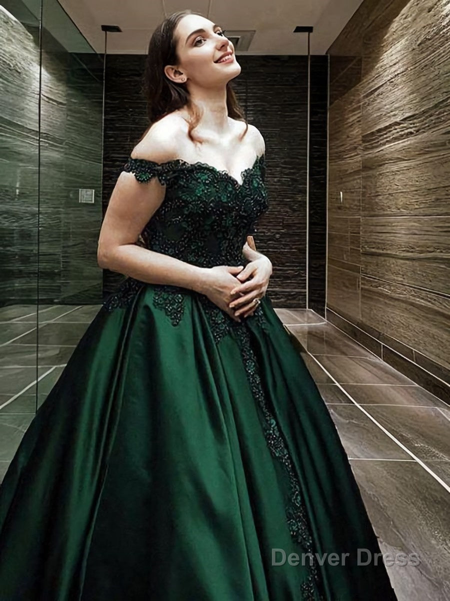 Ball Gown Sleeveless Off-the-Shoulder Applique Satin Floor-Length Prom Dresses