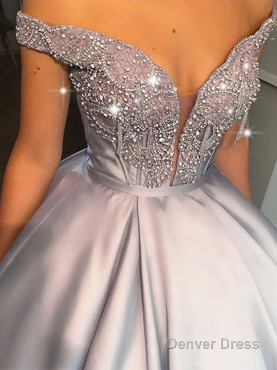 Ball Gowns Off The Shoulder Floor Length Satin Prom Dresses With Beading Secondary image