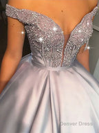 Ball Gowns Off The Shoulder Floor Length Satin Prom Dresses With Beading