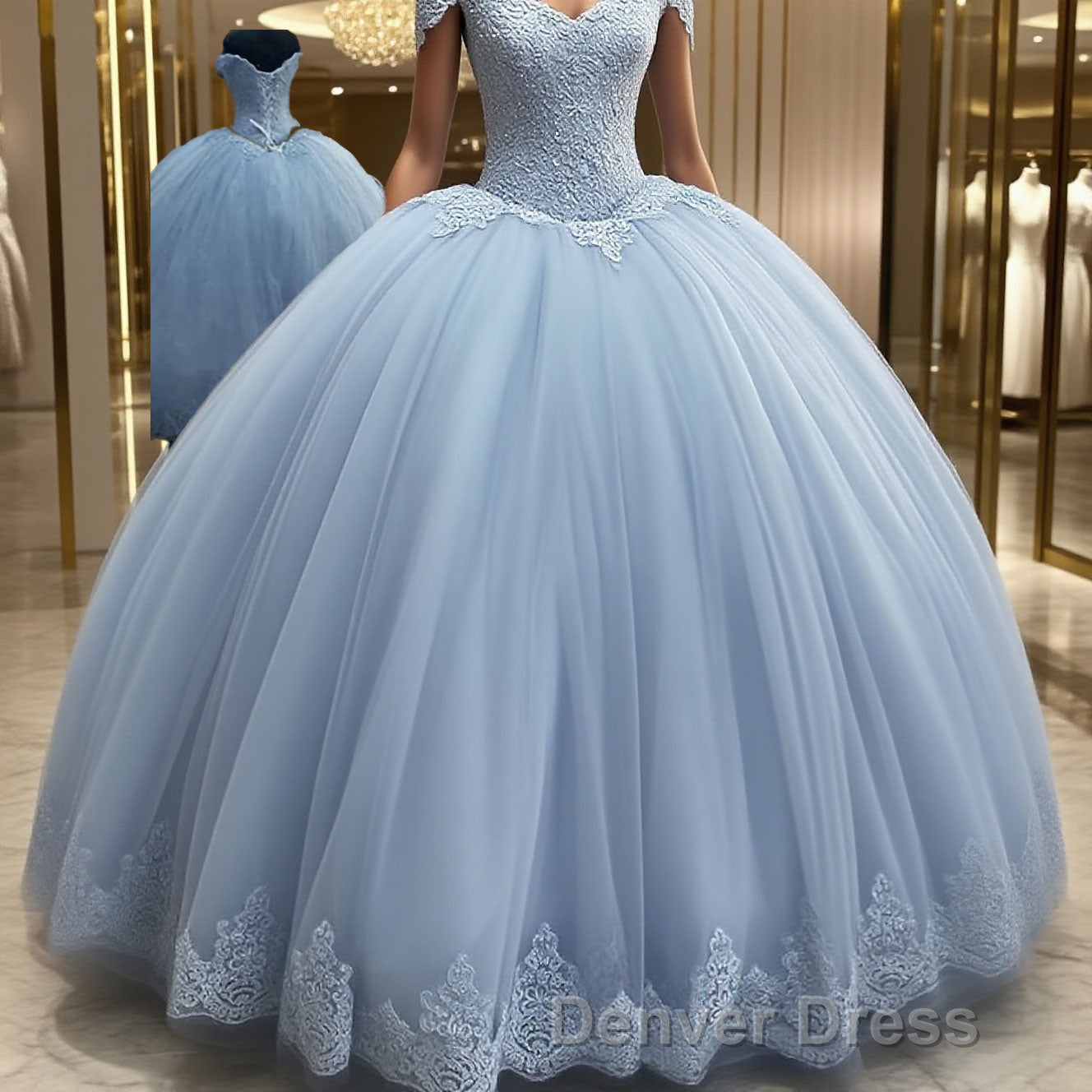 Ball Gown Off-the-Shoulder Floor-Length Tulle Prom Dresses With Appliques Lace Main image
