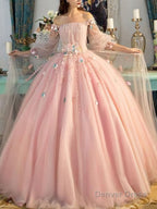 Ball Gowns Off The Shoulder Floor Length Tulle Prom Dresses With Flower