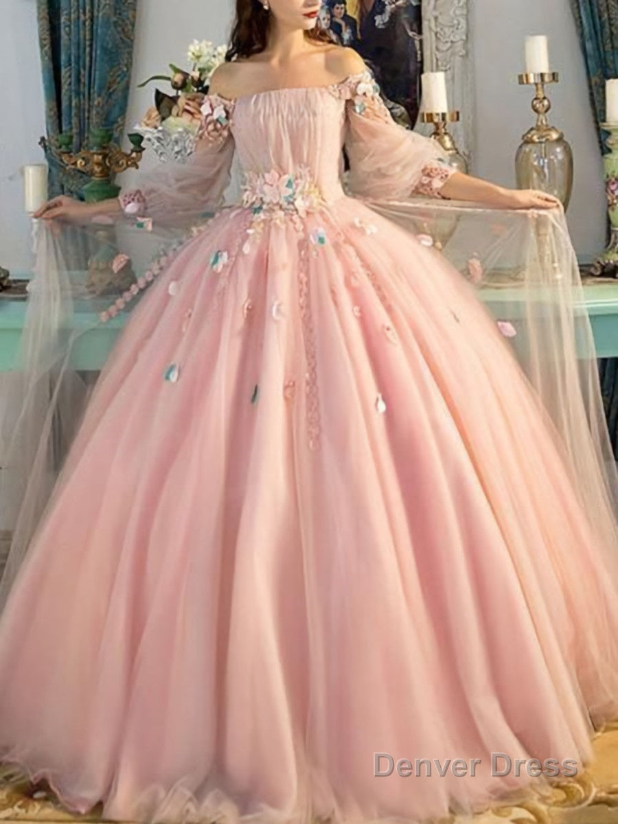 Ball Gowns Off The Shoulder Floor Length Tulle Prom Dresses With Flower