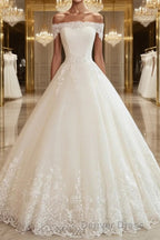 Ball Gowns Off The Shoulder Floor Length Tulle Wedding Dresses With Appliques Lace