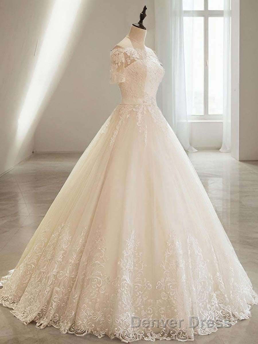 Ball Gowns Off The Shoulder Floor Length Tulle Wedding Dresses With Appliques Lace