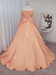 Ball-Gown Off-the-Shoulder Long Sleeves Bow Court Train Satin Dress
