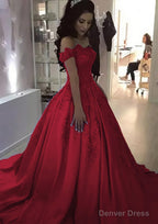 Ball Gowns Off The Shoulder Sleeveless Sweep Train Satin Prom Dresses With Appliqued Beading