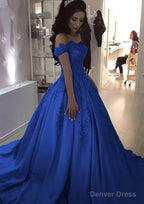 Ball Gown Off-the-Shoulder Sleeveless Sweep Train Satin Prom Dresses With Appliqued Beading