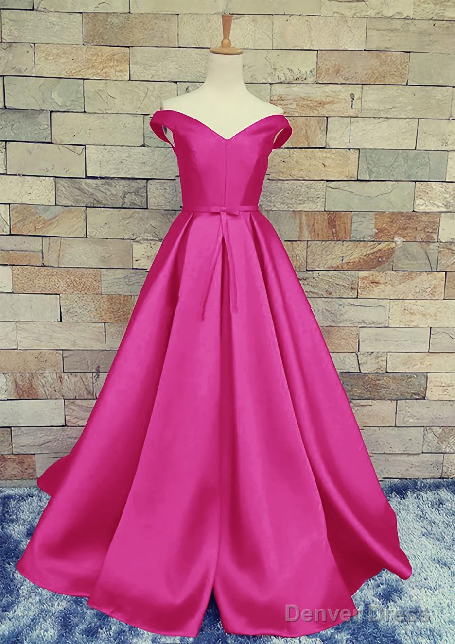Ball Gowns Off The Shoulder Sweep Train Satin Prom Dresses With Waistband