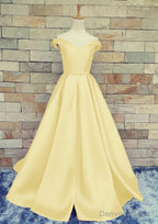 Ball Gowns Off The Shoulder Sweep Train Satin Prom Dresses With Waistband