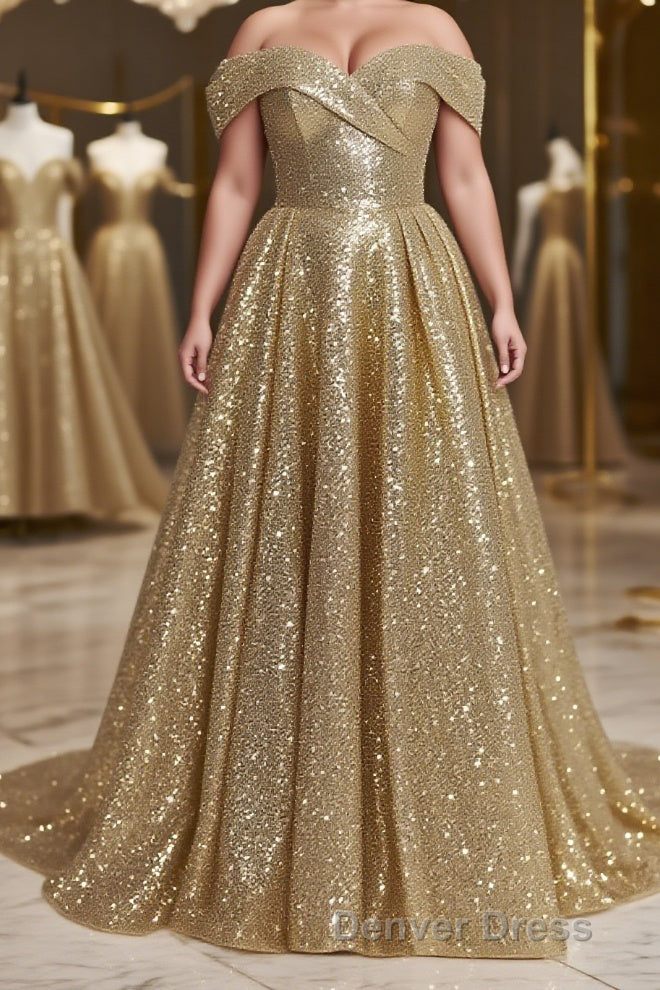 Ball Gowns Off The Shoulder Sweep Train Sequins Prom Dresses With Lace
