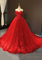 Ball Gowns Off The Shoulder Sweep Train Tulle Prom Dresses With Appliqued