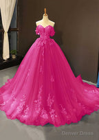Ball Gowns Off The Shoulder Sweep Train Tulle Prom Dresses With Appliqued
