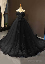 Ball Gowns Off The Shoulder Sweep Train Tulle Prom Dresses With Appliqued