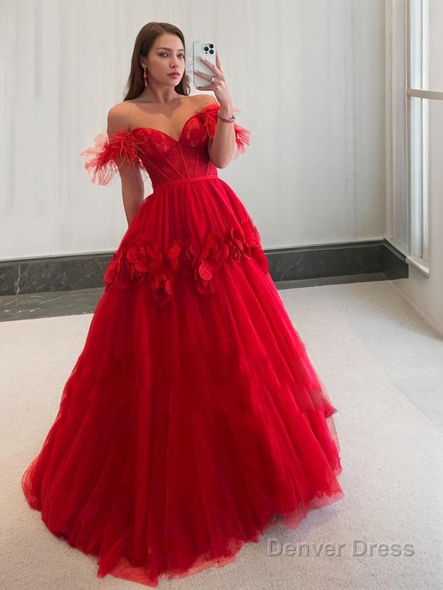 Ball Gowns Off The Shoulder Sweep Train Tulle Prom Dresses With Flower Main image