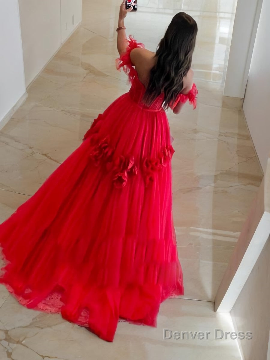 Ball Gowns Off The Shoulder Sweep Train Tulle Prom Dresses With Flower Secondary image