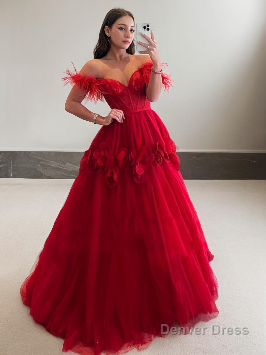 Ball Gowns Off The Shoulder Sweep Train Tulle Prom Dresses With Flower